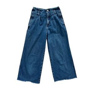Zara Pleated Wide Leg Cropped High Rise High Waisted Raw Hem Jeans Size 00